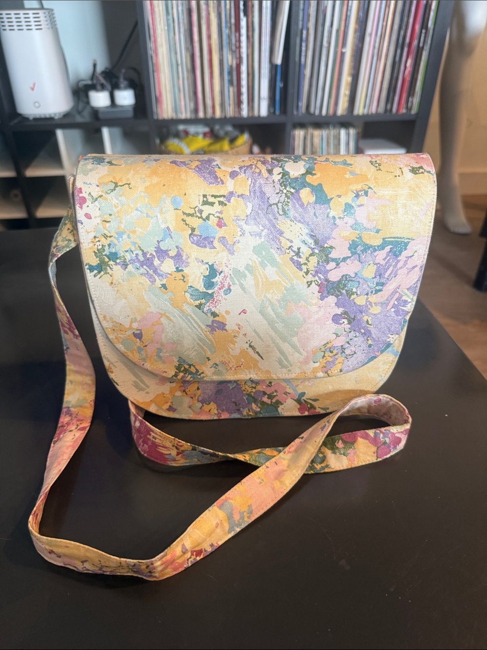 Vintage Floral Watercolor Crossbody Bag in Pastel Yellow and Purple